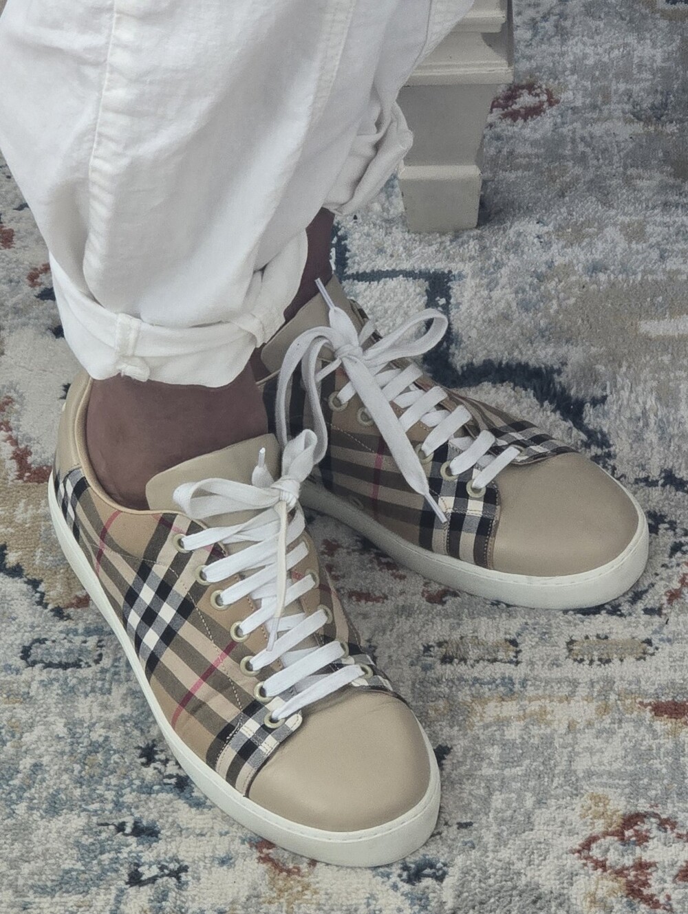 Burberry Beige Vintage Check Low-Top Leather Sneakers